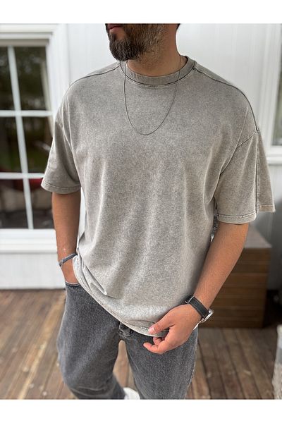 BYBASICMAN Light Gray Washed Stitching Detailed T-Shirt Jj-93