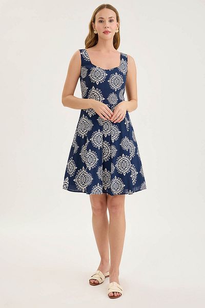 Vitrin Thick Strap Patterned Pleated Mini Dress