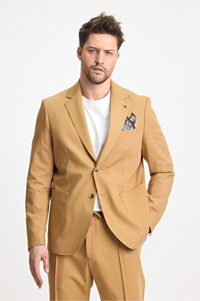 Frappoli Wilson Erkek Camel Pamuk Karışımlı Serin Tutan Yazlık Kumaş Slim Fit Yarım Astarlı Spor Blazer Ceket