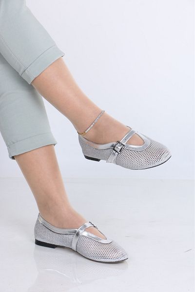 Parıltı Shadew Mesh Belt Detailed Flat Sole Women's Ballerinas