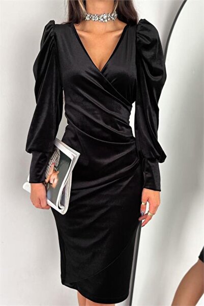 Dipmoda Dipmoda γυναικείο φόρεμα διπλό πέτο με λαιμόκοψη Με σούρες Βελούδο KK...