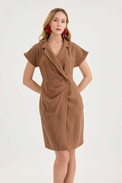 Vitrin Button Detailed Gathered Front Mini Dress