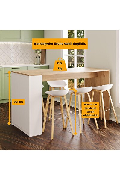 Bimossa Edgar L4810 Mutfak Adası Bar Masası 160 cm Ahşap Üst Beyaz Alt Çok Amaçlı Depolamalı Oturmalı Masa