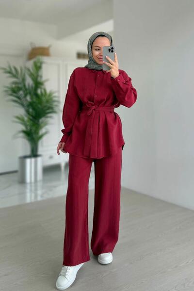 Ka Hijab Belt Detail Draped Double Suit - Claret Red
