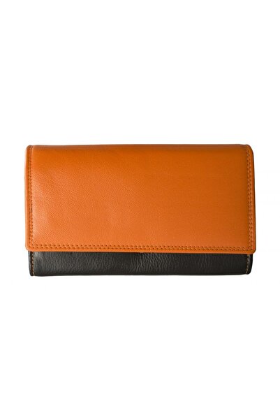 delis Γυναικείο Πορτοφόλι, Lyra Pt1393, Γνήσιο Δέρμα, Μαύρο/Πορτοκαλί