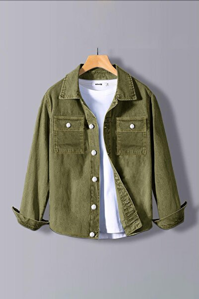 Edwox Men's Denim Jeans Shirt Jacket Khaki Edw012