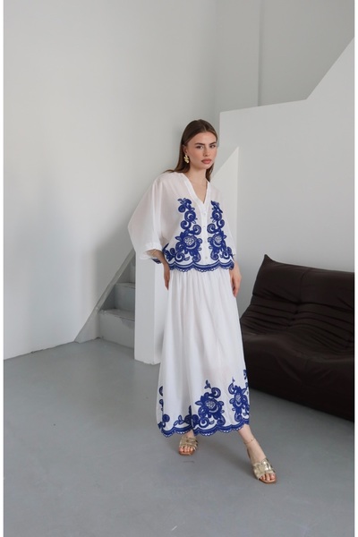 Laluvia Sötétkék hímzett 100% pamut ing szoknya készlet - 7165