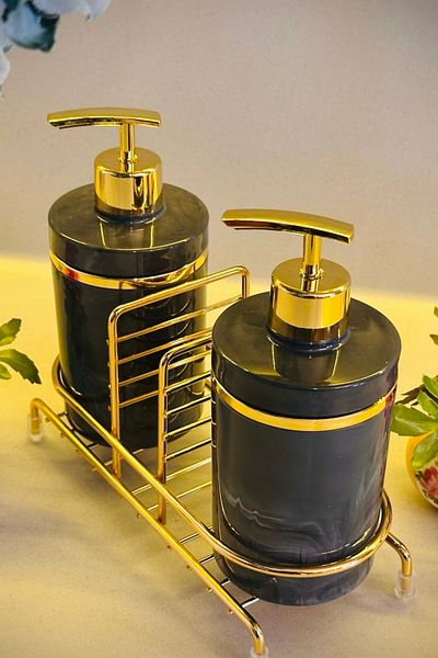 Makri Set of 2 Liquid Soap Dispensers with Gold Color Detail, Sponge Holder and Stand