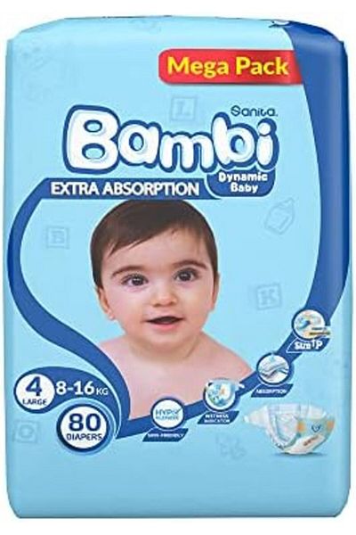 Sanita Bambi Sanita Bambi Baby Diapers, Size 4, 8-16 kg, Skin-Friendly with Hypoallergenic Inner Layer, 80 Count