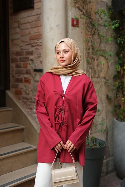 LOCCO Kimono oversize pentru femei - Roșu Claret cu cravată în față