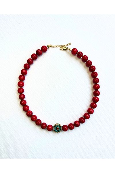 L´Atelier des Perles Coraileye Necklace with Natural Coral Stone and Handmade Tibetan Beads Necklace