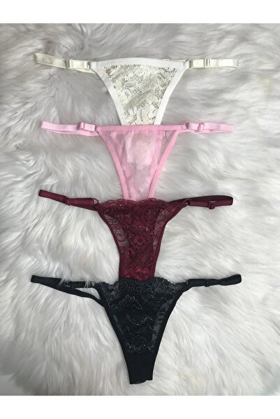 Masal Lingerie Kadın Tanga Külot Kombini 4lü ( 1 adet siyah-1 adet bordo- 1 adet ekru- 1adet pembe )