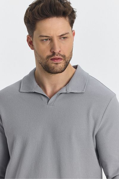 Frappoli Ανδρικό μπλουζάκι Volex Polo Neck Slim Fit Lycra Grey - 100% βαμβάκι, μακρύ μανίκι
