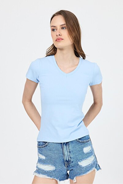 Rays Μπλουζάκι με λεπτή εφαρμογή με λαιμόκοψη σε μπλε V 2215