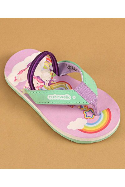 Cute Walk by Babyhug Cute Walk by Babyhug Unicorn & Rainbow Printed Flip Flops Back Strap Closure-Light Purple & Green