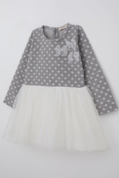 Breeze Kız Çocuk Uzun Kollu Elbise Tüllü Fiyonklu 1.5-5 Yaş, Açık Gri Melanj
