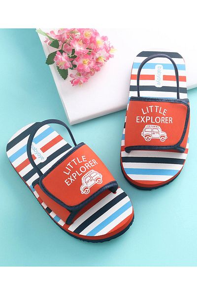 Babyoye Babyoye Car Print Flip Flops with Back Strap & Velcro Closure - Red