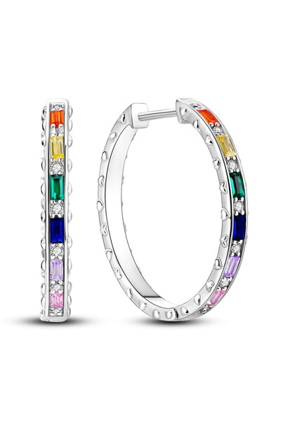 delis Long Round Hoop Earrings in 925 Silver, Rhodium Plated, Modern and Minimalist Style