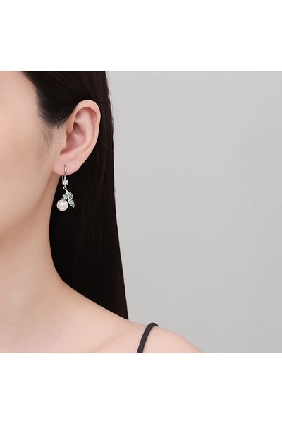 delis Cercei Argint 925, Jw1271, Model Perla Si Frunze, Placati Cu Rodiu