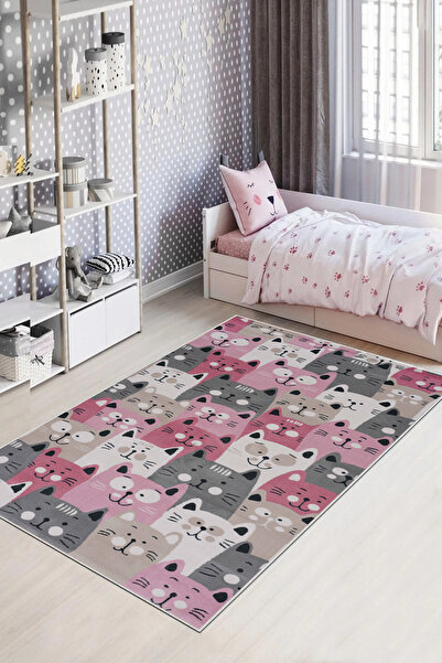 Thalia Home Kedi Desenli Kaymaz Taban Yıkanabilir Çocuk Halısı
