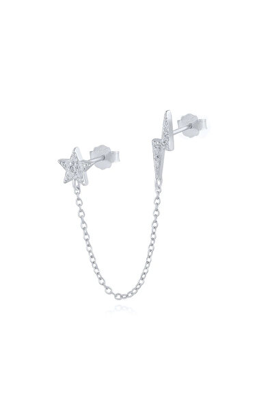 delis Cercel Asimetric Stea și Fulger cu Lanț din Argint 925, Placat cu Rodiu