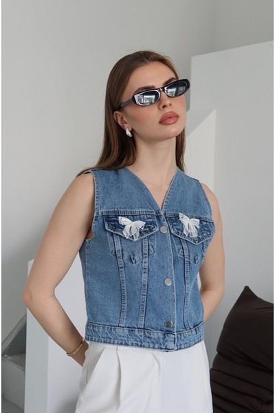 Laluvia Blue Bow Denim Vest - 6518