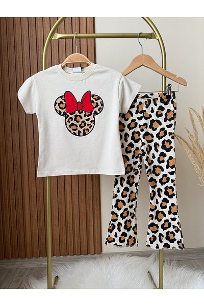 Monila Girl's Leopard Patterned Printed Flared Leggings Bottom Set