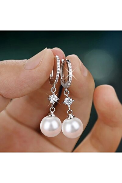 delis Elegant Pearl Earrings in 925 Silver, Rhodium Plated, Modern Style