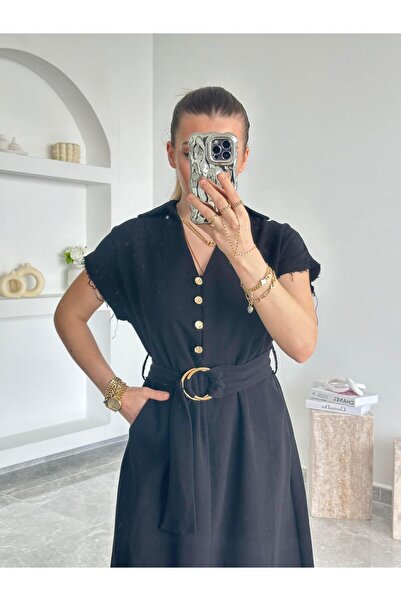 CKBUTİK Siyah Keten Gold Toka Detay Elbise