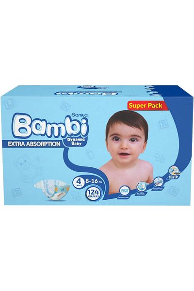 Sanita Bambi Baby Diapers, Size 4 (8-16 kg), 124 Count - Skin-Friendly with Hypoallergenic Inner Lay