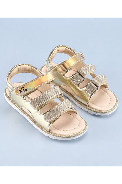 Babyoye Babyoye Velcro Closure Sandal with Logo Print - Golden