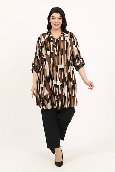 By Alba Collection Women's Tan Patterned Cotton Viscose Large Size Tunic