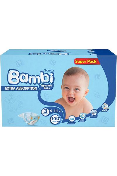 Sanita Bambi Baby Diapers Super Pack, Size 3, Medium, 6-11 kg, 140 Count