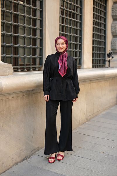 LOCCO Costum de damă Crinkle Fabric cu cravată în talie, negru