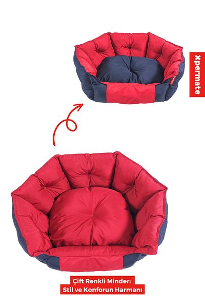 XPERMATE سرير للقطط وسرير للكلاب باللون الأزرق الداكن والأحمر - مقاوم للريش ومقاوم للماء مقاس 60x55x28