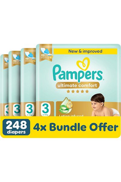 Pampers Ultimate Comfort Taped Diapers, Size 3, 6-10kg, Lotion infused with Aloe Vera and Vit E, 248