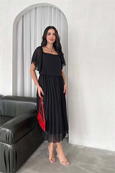 Dipmoda γυναικείο μαύρο φόρεμα σιφόν Με πιέτες Midi μήκος DPK4102