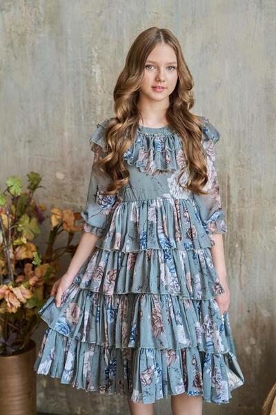 Riccotarz Κοριτσίστικο πράσινο φόρεμα με ροζ σχέδιο με στρώσεις γιακά και φούστα και πλισέ με βολάν