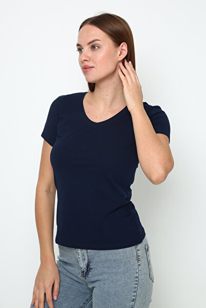 Oasis Super Quality V-Neck Close-Fitting Slim Fit Black Short Sleeve Lycra Cotton Women's T-Shirt