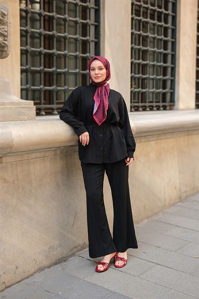 LOCCO Costum de damă Crinkle Fabric cu cravată în talie, negru