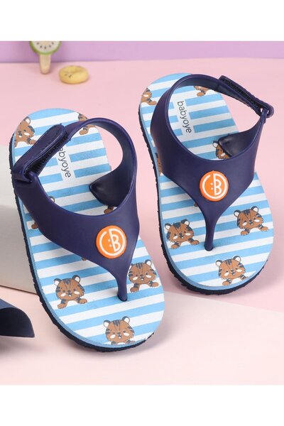 Babyoye Babyoye Flip Flops Tiger Print & Applique Velcro Closure - Blue