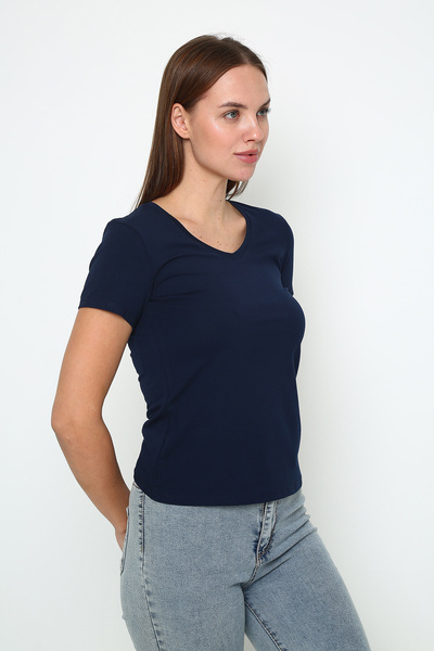 Oasis Super Quality V-Neck Close-Fitting Slim Fit Black Short Sleeve Lycra Cotton Women's T-Shirt