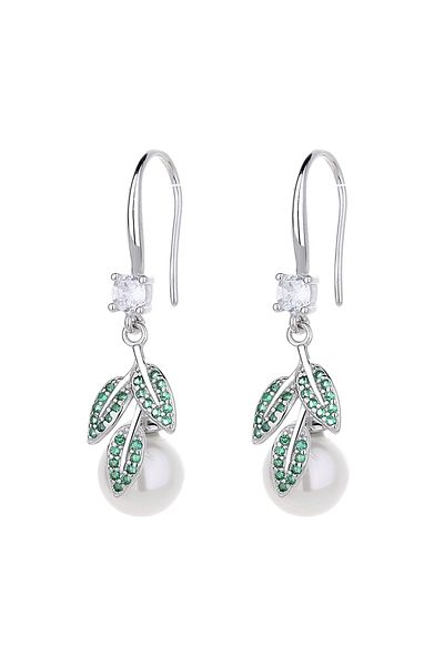 delis Cercei Argint 925, Jw1271, Model Perla Si Frunze, Placati Cu Rodiu