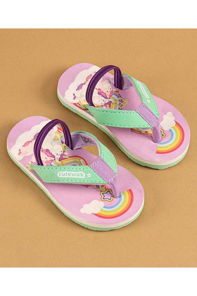 Cute Walk by Babyhug Cute Walk by Babyhug Unicorn & Rainbow Printed Flip Flops Back Strap Closure-Light Purple & Green