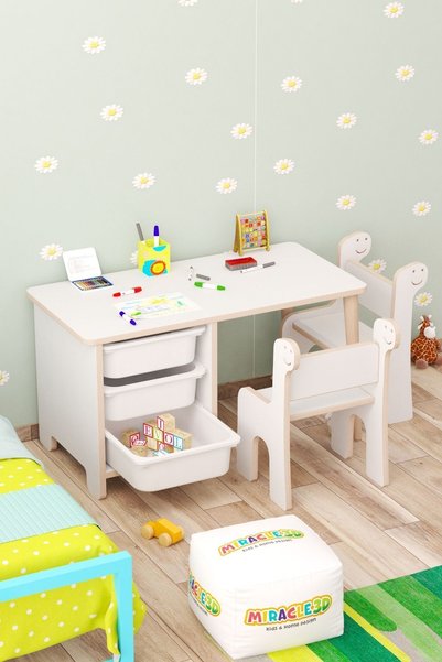 MİRACLE 3D Çocuk Masa Sandalye Takımı-3 Sepetli Çocuk Çalışma Masası Aktivite Masası Yaz-sil çift Dino Sandalye