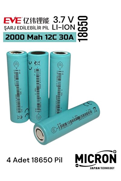 Micron EVE 18650 3.7V (Volt) 2000 MaH 15C 30A 20P Lityum Şarj edilebilir 4 Adet Pil(Batarya) Kutu