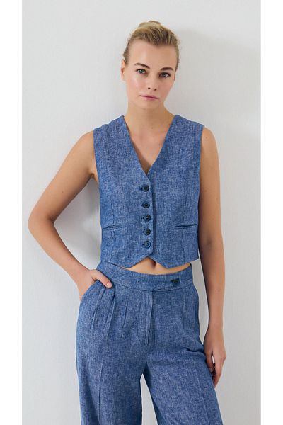 yakestore Linen Cotton Blended Short Vest Pants Set