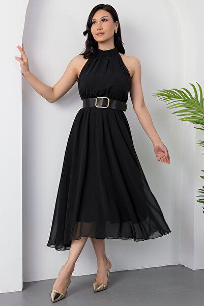 PULLIMM Halter Yaka Kemerli Astarlı Şifon Elbise GRS3734