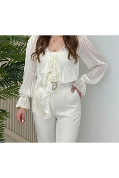 neslihansarıca gömlek , ekru bağlama detaylı önü fırfırlı gömlek
