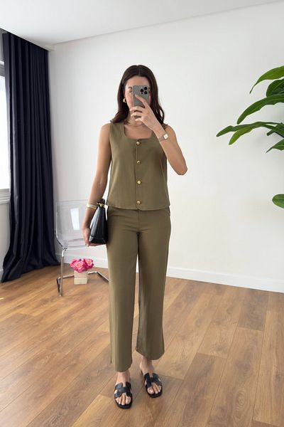 BİRCANÇİL Venka Khaki Gold Buttoned Linen Vest Trousers Set